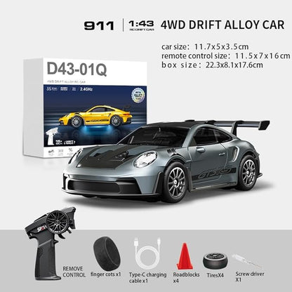 D43-01 1:43 Scale 2.4G Full Proportional 4WD Alloy RC Drift Car with Gyro System Silent Bearings Adjustable Speed &amp LED Lights for Adults High Speed Remote Control Racing Car