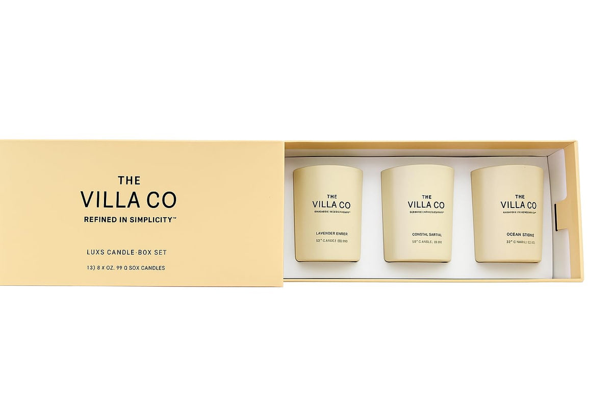 The Villa Co - 3 Candle Luxe Box Gift Set | Ocean Stone | Lavender Ember | Coastal Santal | 3.5oz Each | Poured in The USA |