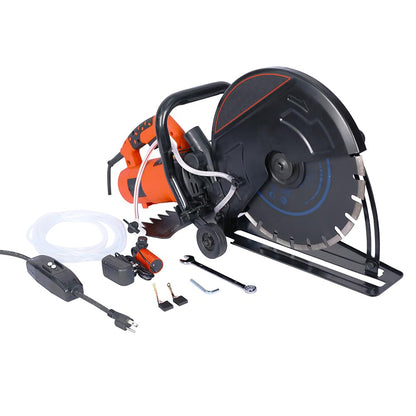 SPOFLYINN 14 Inch Blade Wet/Dry Power Angle Cutter Blade Cut Off Saw 2800W With Water Line Guide Roller With Water Line Attachment 14"