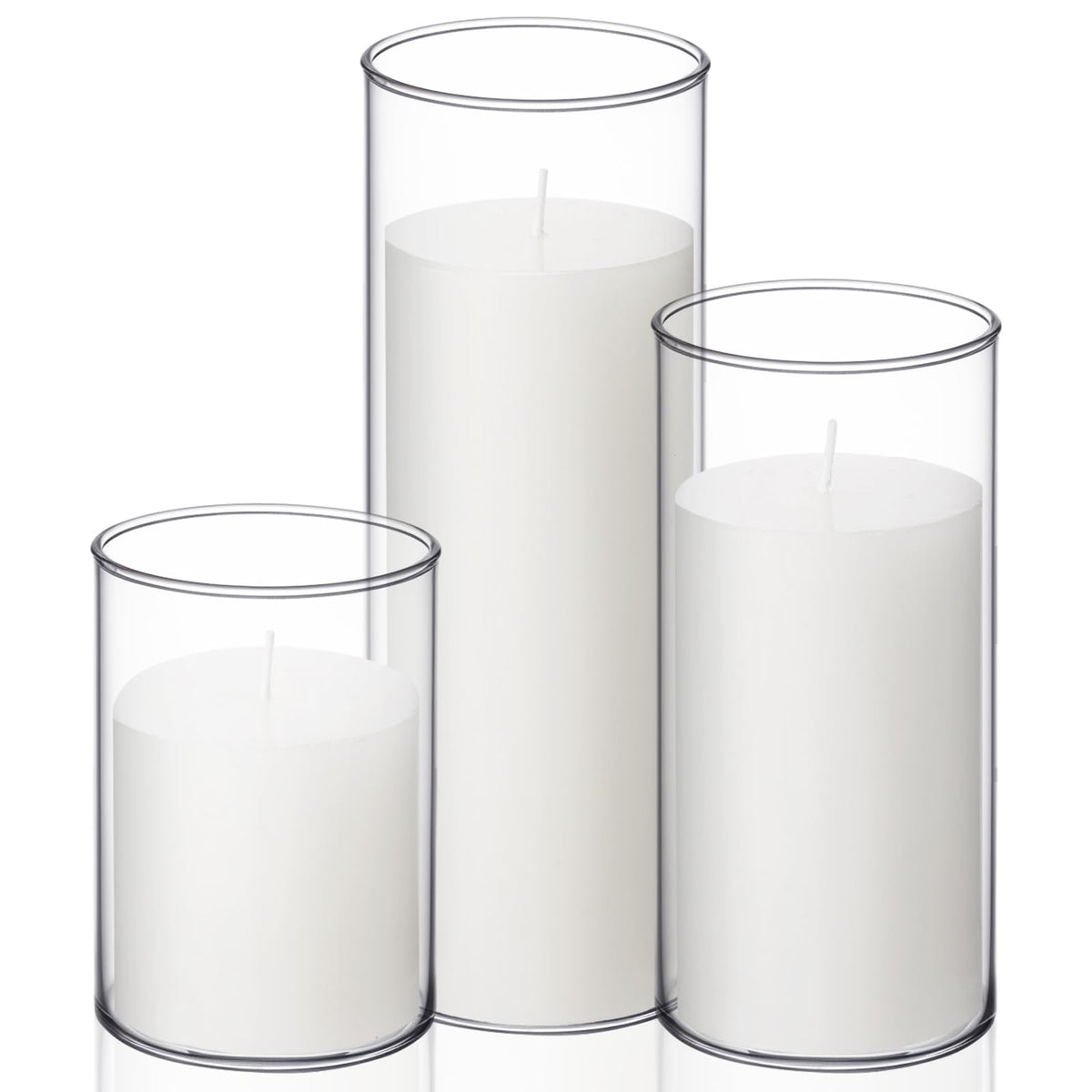 Shihanee Set of 3 Pillar Candles and 3 Glass Cylinder Candle Vases Holders Clear Pillar Jars for Wedding Centerpieces(3'' x 5.9'', 7.9'', 9.8'',White)