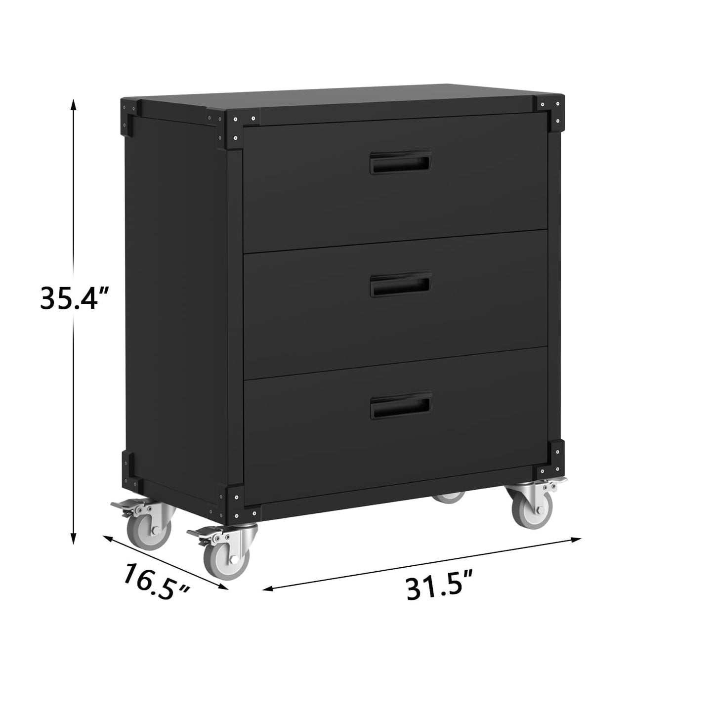 3-Drawer Rolling Tool Cabinet, Heavy Duty Metal Storage Cabinet on Wheels, Mobile Tool Chest Cart for Garage, Workshop, Warehouse, Office, Basement, Black, 31.5"W x 16.5"D x 35.4"H, Assembly Required