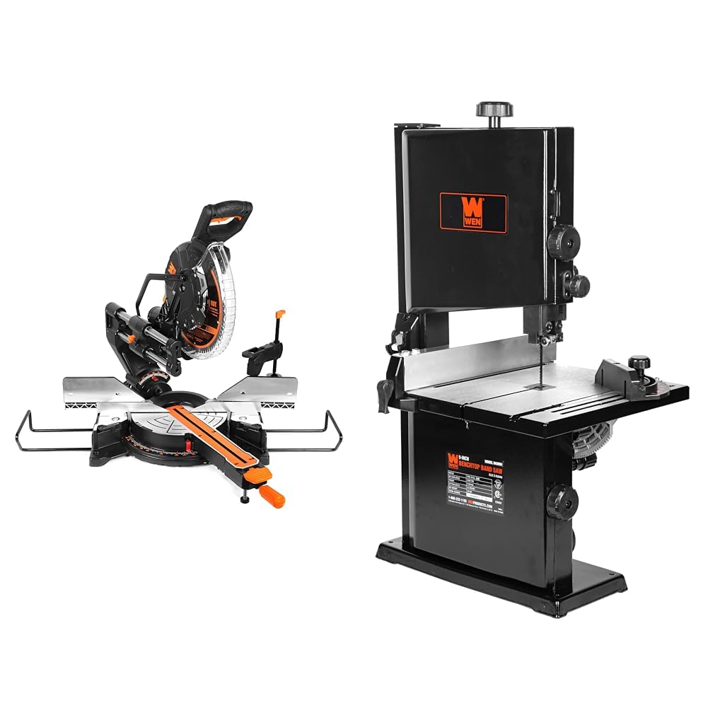 WEN MM1215 15-Amp 12-Inch Dual Bevel Sliding Compound Miter Saw with LED Cutline & 9-Inch Band Saw, 2.8-Amp Benchtop (BA3959)