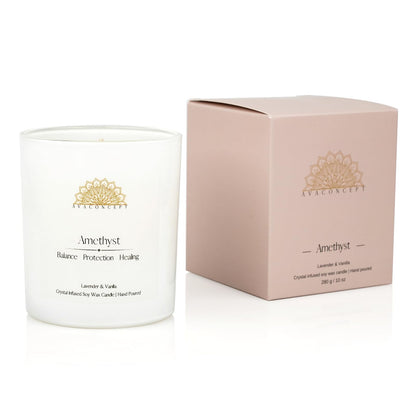 AvaConcept Amethyst Crystal Candle – 10oz / 280g | Lavender & Vanilla Aromatherapy | Hand-Poured Soy Wax | Genuine Healing Crystals Embedded | Balance, Protection & Healing | Pink Gift Box Included
