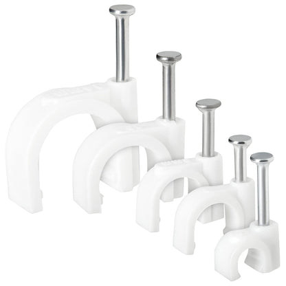 Juvale 500-Pack Round Cable Wire Clips for Wall Mounting, Extension Cord Holders, and Cable Management Staples in 5 Sizes for RJ45 Ethernet Connectors, Nails Included (4, 6, 8, 10 & 14mm, White)