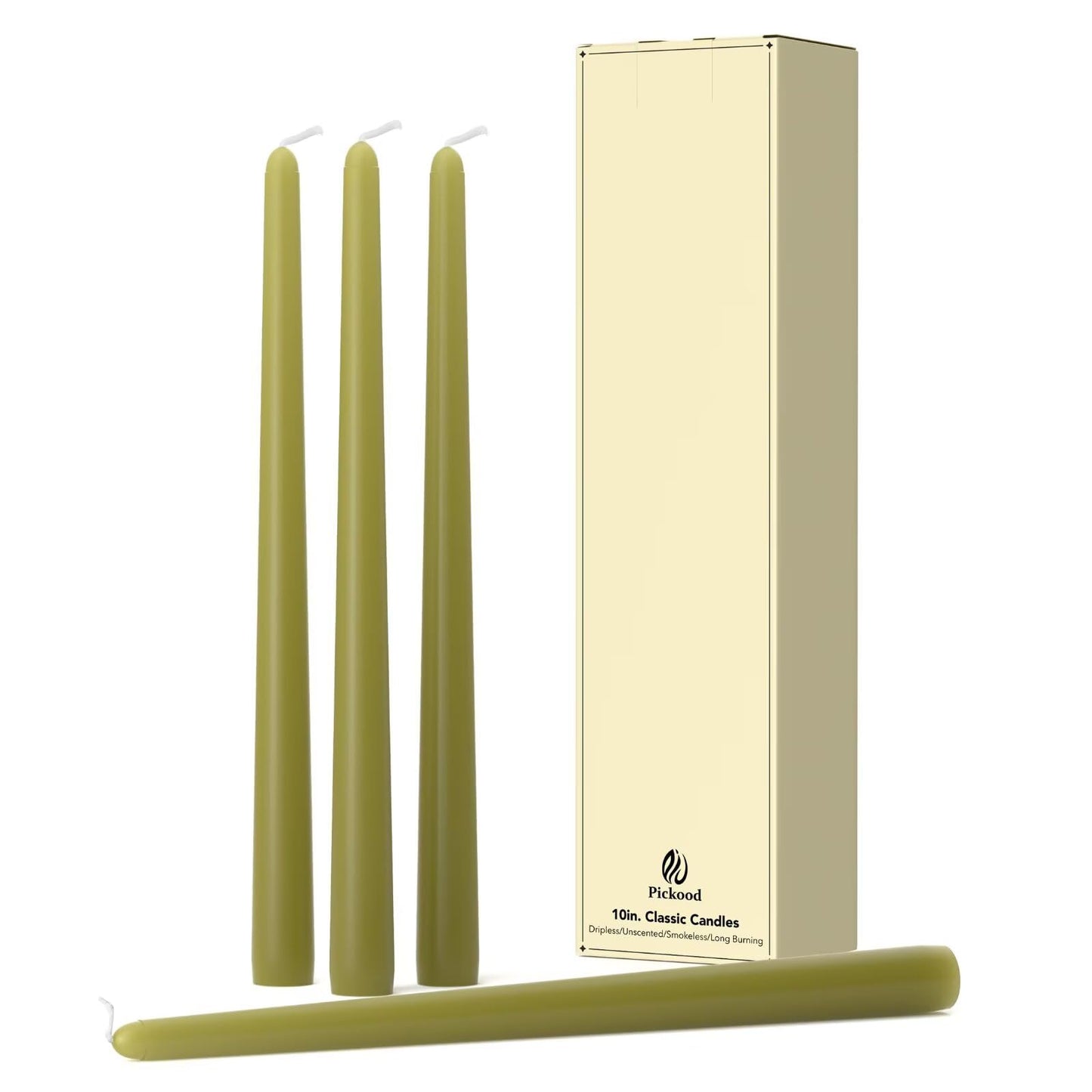 Pickood 10-Inch Tall Dripless Taper Candles Set of 4 - Olive Green Tapered Candles, Perfect for Halloween - Smokeless, Unscented, Long Burning - Hand Poured, Colored Tall Candlesticks - Oliva