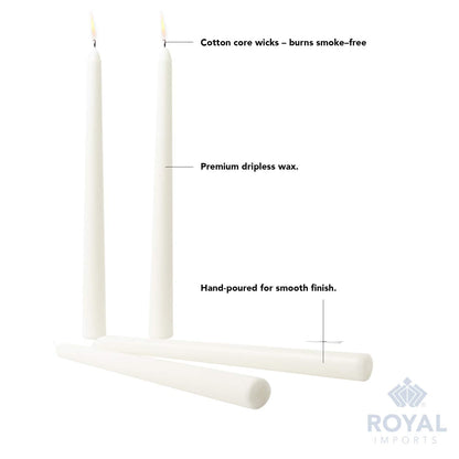 Royal Imports Unscented Taper Candles, Elegant Premium Quality, Dripless & Smokeless, Hand-Dipped Dinner Candles for Wedding, Holiday, Home Decor - 7 Hour Burn Time - Set of 12 (10 Inch, White)