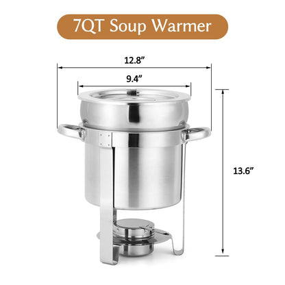 Snowtaros 7QT Soup Chafer, Stainless Steel Round Soup Warmer with Pot Lid & Fuel Holder, Commercial Soup Pot Chafing Dish for Catering, Parties, Banquets, Events, No Electricity Required (2 Pack)