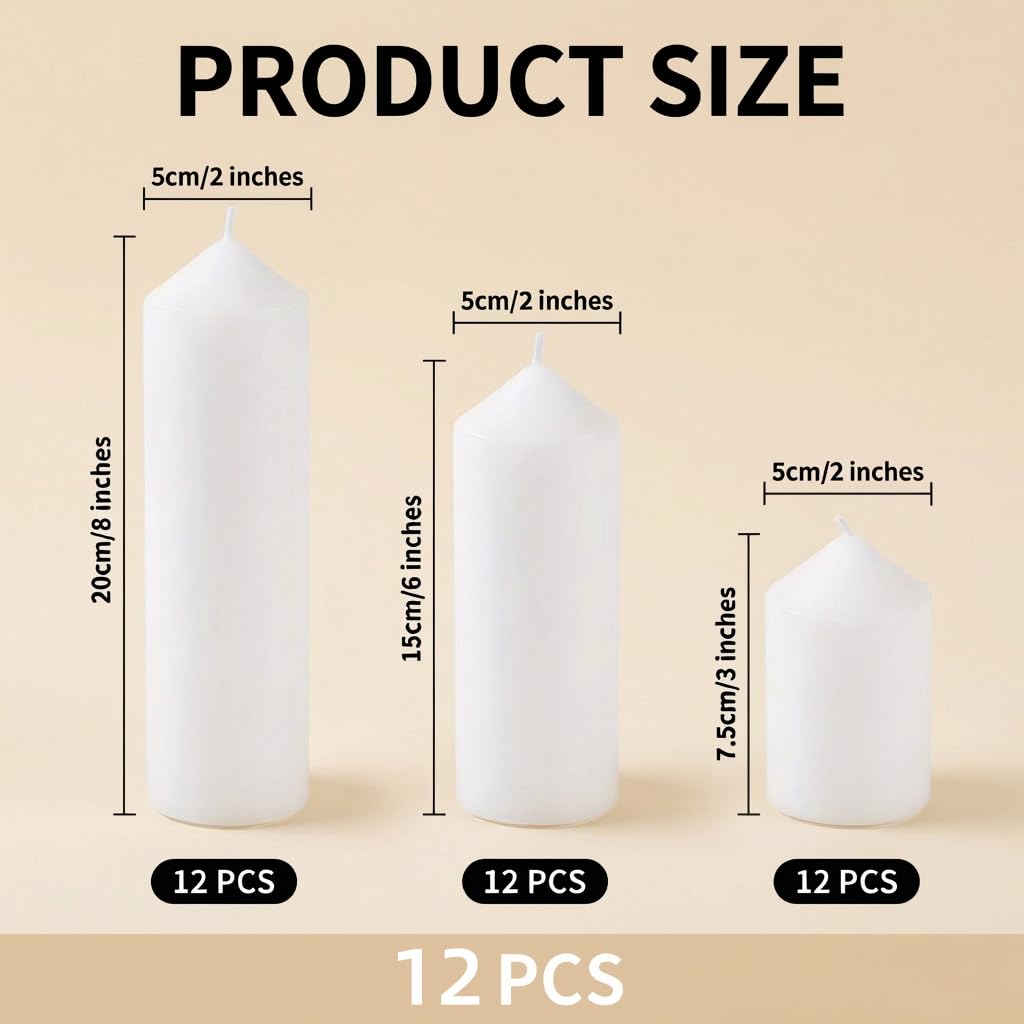 12 Pcs Individually Wrapped Pillar Candles Bulk, 2x3 2x6 2x8 Inch, Unscented Dripless Smokeless, Hurricane Candles for Wedding Party, Spa, Home Decor (12 White Pointed-tip, 2 x 3/6/8 Inch)