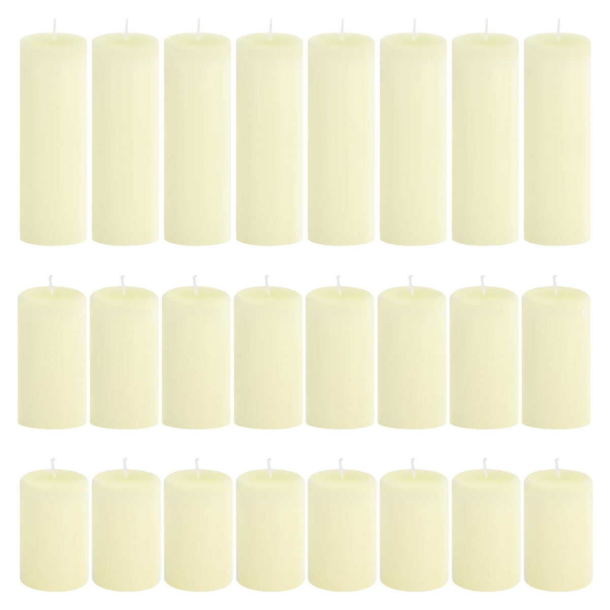 CHICERA 24-Pack Ivory Pillar Candles Bulk Set - 2x3, 2x4, 2x6 Inch Unscented Dripless Pillar Candles for Weddings, Home Decor & Centerpieces - Clean Burning Smokeless Decorative Candles