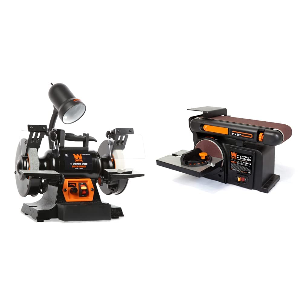 WEN BG625V 2.5-Amp 6-Inch Variable Speed Bench Grinder with Flexible Work Light, Black & 6502T 4.3-Amp 4 x 36 in. Belt and 6 in. Disc Sander with Cast Iron Base