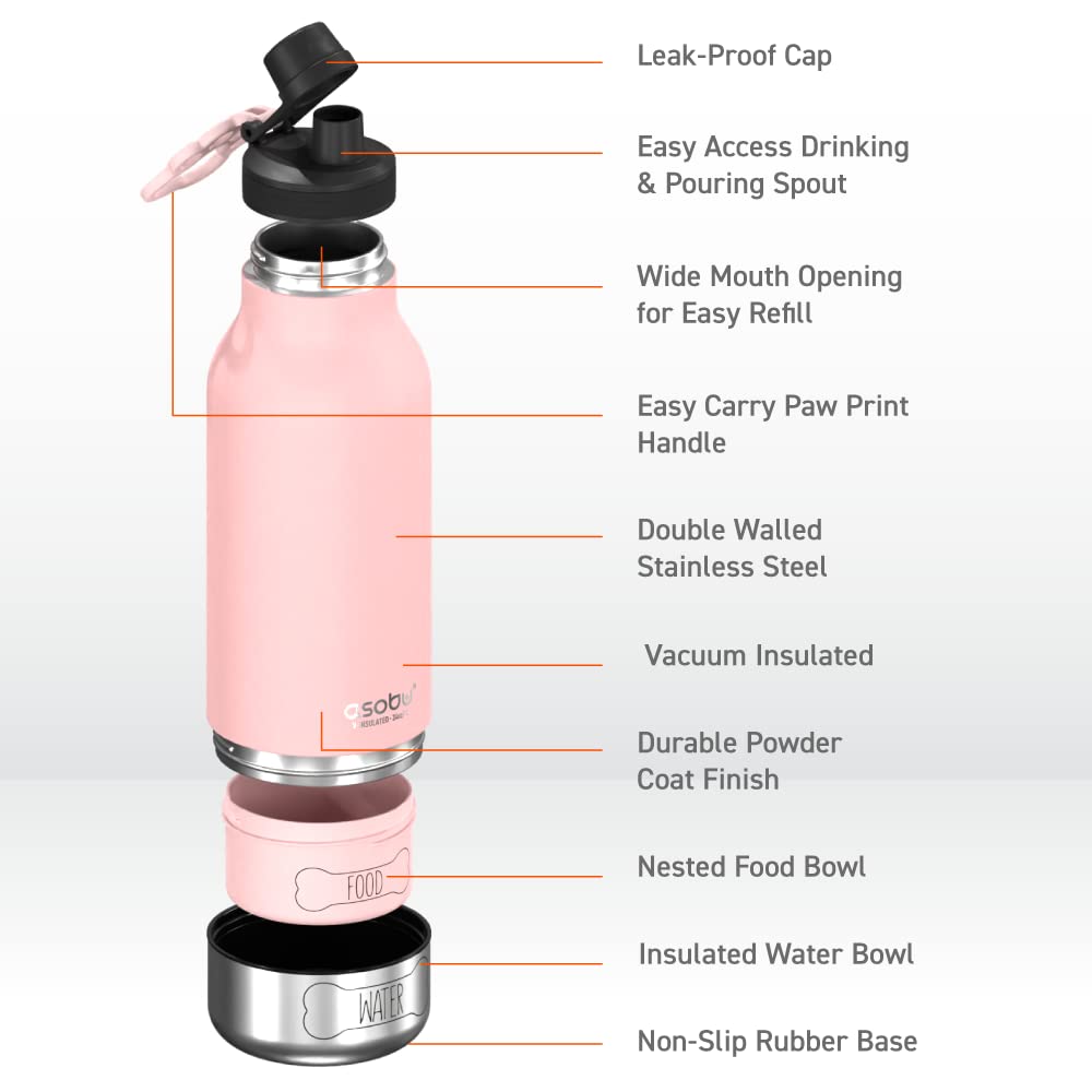 Asobu Dog Barky Bottle – Insulated Stainless Steel Water Bottle with 2 Removable Dog Bowls for Food, Treats & Water – Pet-Friendly Travel Bottle for Hiking, Road Trips & Outdoor Adventures