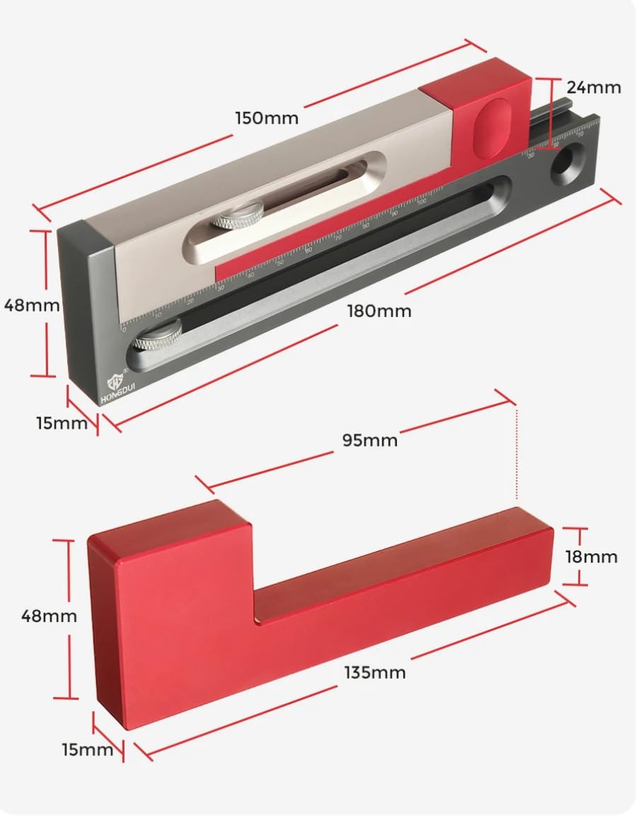 HONGDUI JF15 Kerfmaker Upgraded Version - 7.08" Aluminum Alloy Table Saw Slot Adjuster, Mortise and Tenon Woodworking Measuring Block