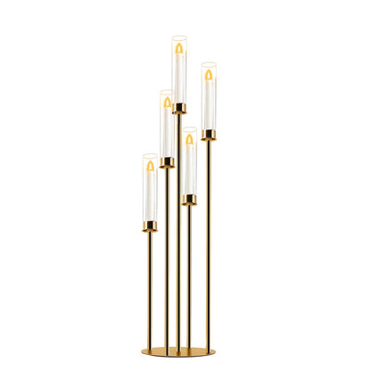 Gold 5-Arm Metal Cluster Taper Candelabra Candle Holders Includes Led Candles & Remote Control, Votive Pillar Candle Holders, Round Wedding Candelabra with Acrylic Shade (1, Gold, 41.3'' x 9.84'')