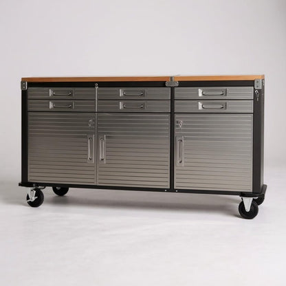 Heavy Duty 6-Drawer Rolling Work Center with Wood Top, Mobile Workbench with Storage, Steel Construction, 75.6" W x 20" D x 37.5" H, Tools Organized Station.
