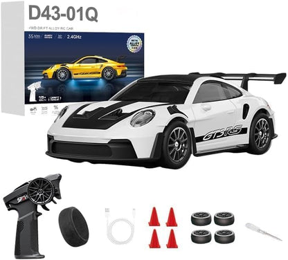 D43-01 1:43 Scale 2.4G Full Proportional 4WD Alloy RC Drift Car with Gyro System Silent Bearings Adjustable Speed &amp LED Lights for Adults High Speed Remote Control Racing Car