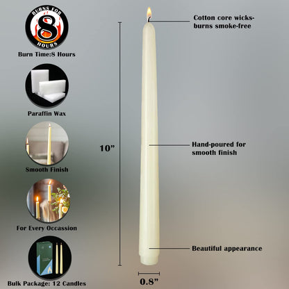 NIKY 10 inch Ivory Taper Candles for Christmas, Set of 20 Unscented Dripless Candlesticks - 8 Hours Long Burning for Home Decor, Wedding, Parties and Special Occasions