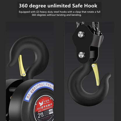Manual Chain Hoist | 1 Ton/2000 lbs Capacity | 10’ Lift | 2 Hooks | Manual Hand Lift Steel Chain Block Hoist (1T)