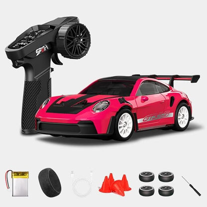 1:43 RC Drift Car D43-01 - 2.4G Full Proportional 4WD Alloy 20KM/H High Speed RC Racing Car with Gyro Silent Bearings Adjustable Speed &amp Lighting(Q6/Magenta/D43-01)