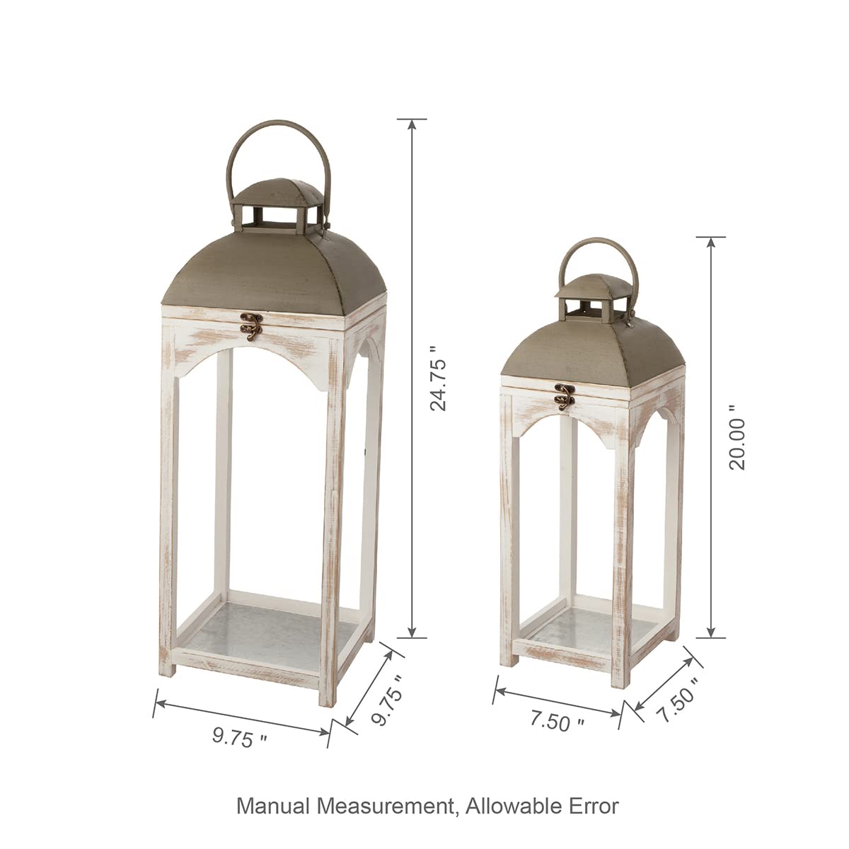 Glitzhome Lanterns Decorative Indoor, 2 Pack Mondern Farmhouse Candle Lanterns,Wooden Hanging Lanterns with Metal Top Floor Candle Lanterns for Home Décor, Weddings, Parties, Holiday (No Glass)