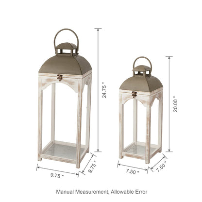 Glitzhome Lanterns Decorative Indoor, 2 Pack Mondern Farmhouse Candle Lanterns,Wooden Hanging Lanterns with Metal Top Floor Candle Lanterns for Home Décor, Weddings, Parties, Holiday (No Glass)