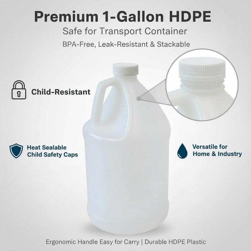 1-Gallon HDPE Plastic Jugs, Water Jug With Child-Safe Lids–BPA-Free,Leakproof, Stackable Containers,1 Gallon Water Bottle For Fermentation,Brewing,Storage,Detergent Mixing & Industrial Use (2-Pack)