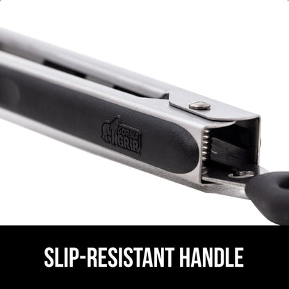 GORILLA GRIP Stainless Steel Heat Resistant Kitchen Tongs for Cooking, 9 + 12 Inch, Set of 2 BBQ Tong, Non Scratch Silicone Tip for Pan, Strong Grip, Grab Food, Toss Salad, Air Fryer, Pull Lock, Black