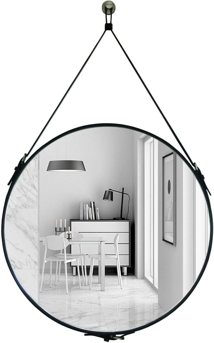 HofferRuffer Round Wall Mirror Decorative Mirror, Hanging Mirror with Hanging Strap Silver Hardware Hooker/Hanger (Brown, 23.6'')