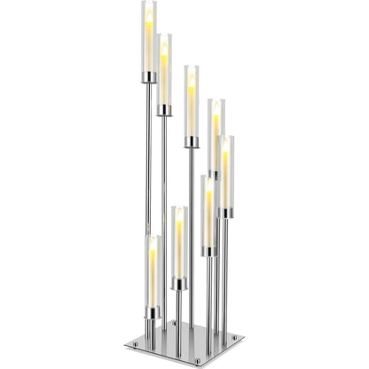 Dandat 41.5" Tall Floor Candelabras, 8-arm Cluster Standing Candle Holders with Clear Acrylic Shades, Silver Wedding Centerpiece Candelabra for Flameless/LED Taper Candles, Party & Event Decor(1 Pack)