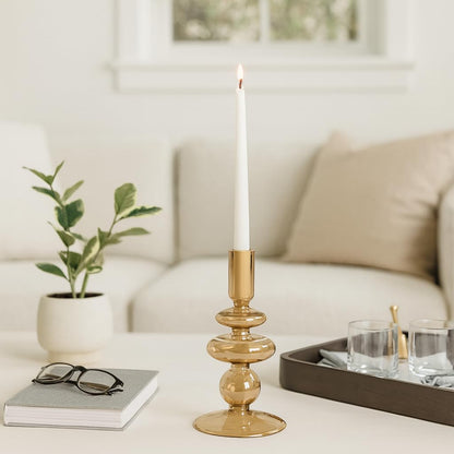 Decorative Glass Candle Holder for Taper Candles - Modern Candlestick Holder with Disc and Sphere Design for Table Decor - Pair with Gold Centerpieces for Tables and Living Room Display - 7" Gold