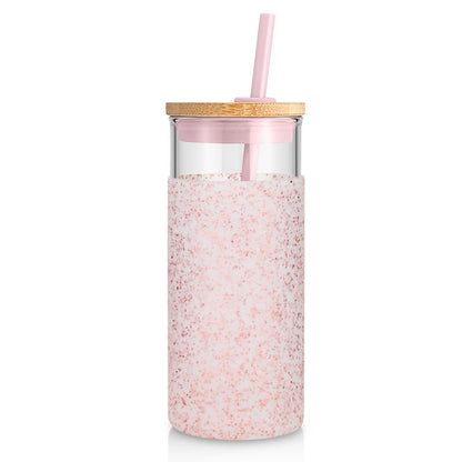 Tronco 20 oz Glass Tumbler with Lid and Straw, Iced Coffee Cup and Smoothie Cup with Bamboo Lids & Protective Silicone Sleeve, Dishwasher Safe, BPA-Free, Glass Cup 1 Pack