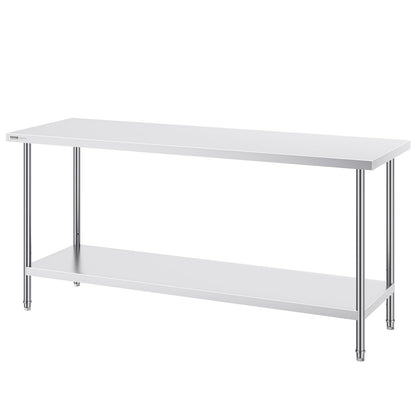 VEVOR Stainless Steel Prep Table, 24 x 72 x 34 Inch, 880 lbs Load Capacity, Heavy Duty Metal Worktable with 3 Adjustable Height Levels, Commercial Workstation for Kitchen Garage Restaurant Backyard