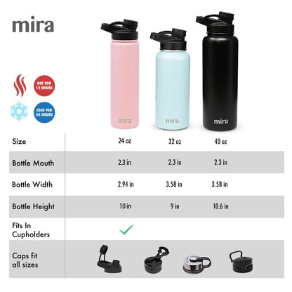 MIRA 32 oz Insulated Sports Bottle - Stainless Steel Temperature Control Thermo - Easy-Drink Spout (24Hr Cold/12Hr Hot) - Black