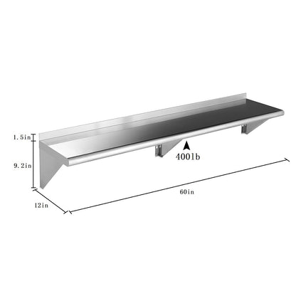 ROCKPOINT Stainless Steel Shelf 12 x 60 Inches 400lb, 2 Pack NSF Commercial Wall Mount Floating Shelving with Backsplash for Restaurant, Kitchen, Home and Hotel, Silver