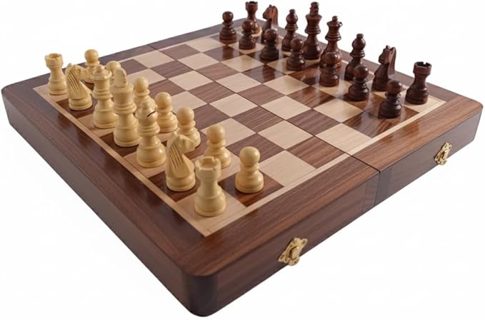 Personalized Wooden Chess Set | Magnetic Folding Travel Board with Storage Box &amp 2 Extra Queens (7 inch x 7 inch)