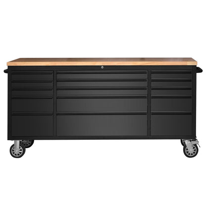 72" Heavy Duty Rolling Tool Chest,Locking Steel Tool Cabinet with 15 Drawers Mobile Workbench with Rubber Wood Work Surface Tool Box with Wheels for Workshop