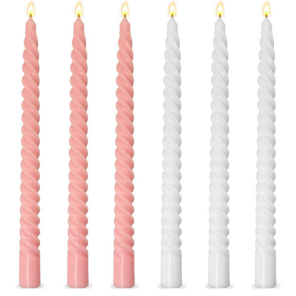 10 Inch 3 Pink and 3 White Spiral Taper Candle Set, Unscented Dripless Candlesticks for Wedding, Holiday Décor, and Festive Dinners