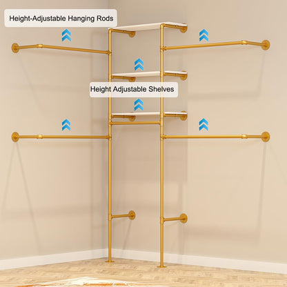KaKaBB Heavy Duty Gold Pipe Clothing Rack - Wall Mounted Industrial Clothes Rack, DIY Corner Closet System with Shelves, Adjustable Walk-in Closet Organizer (GOLD, 94.5")