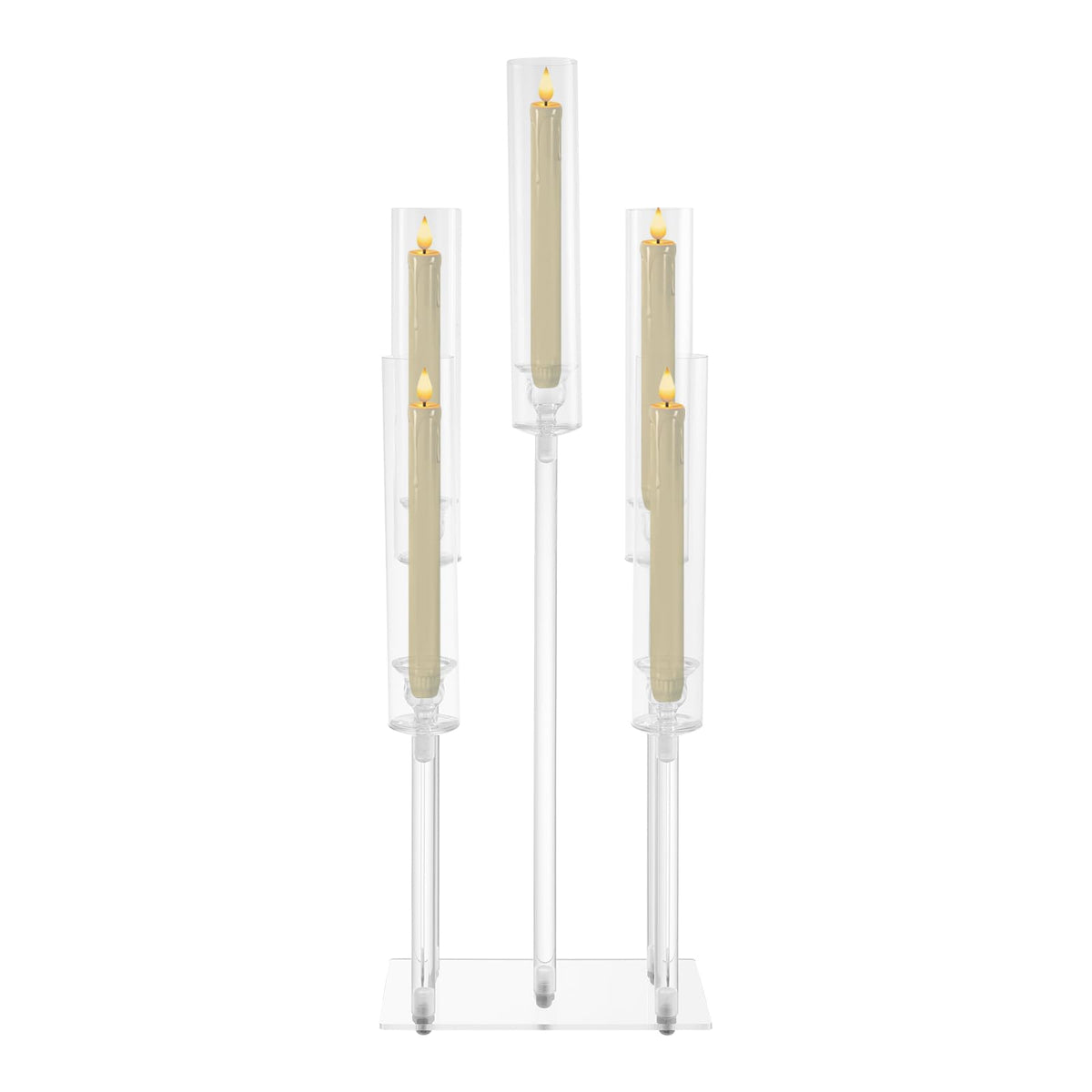 4Pcs 9 Arms Acrylic Candle Holder, Clear Candlestick Holder w/Acrylic Shade, 42.5In Tall Crystal Tapered Candle Holders Centerpieces w/Rectangular Base for Home Wedding Party (6Pcs 5Arms)