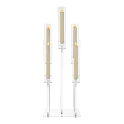 4Pcs 9 Arms Acrylic Candle Holder, Clear Candlestick Holder w/Acrylic Shade, 42.5In Tall Crystal Tapered Candle Holders Centerpieces w/Rectangular Base for Home Wedding Party (6Pcs 5Arms)