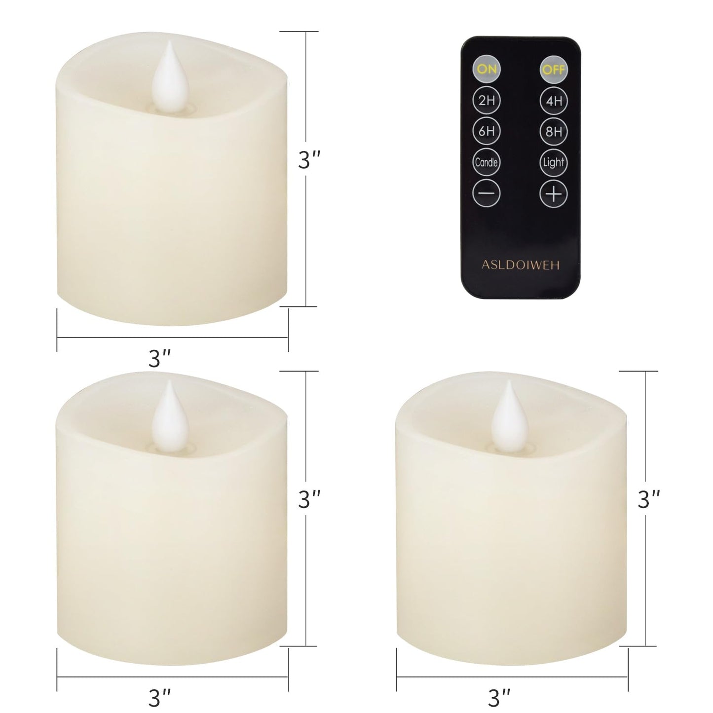 ASLDOIWEH 3x3 Flickering Flameless Candles Set of 3, 2AA Battery Life 600 Hours Battery Candles Flickering with Timer,3 inch Flameless Candles with Remote for Indoor/Outdoor, Ivory