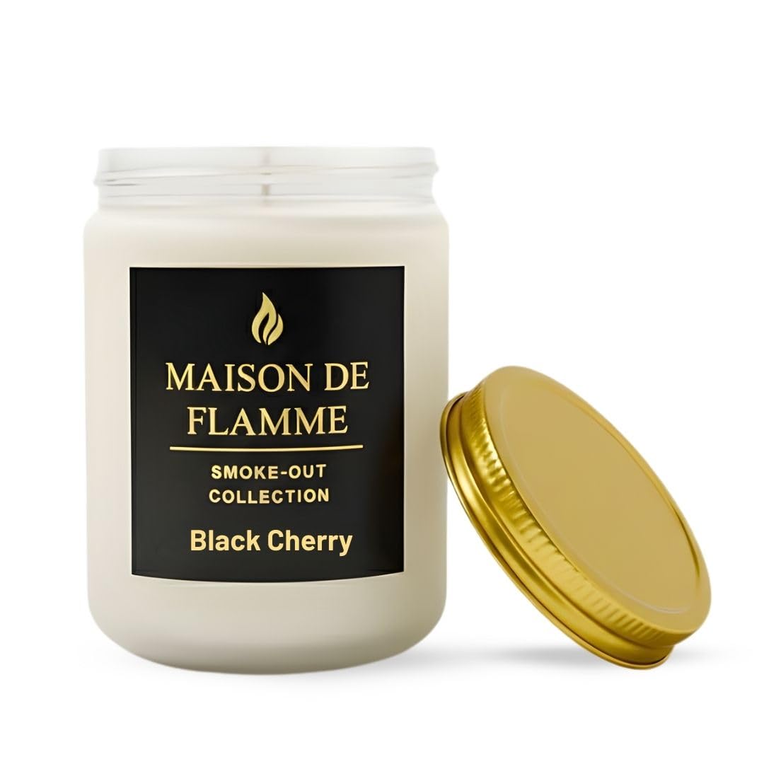 MAISON DE FLAMME Black Cherry Odor-Eliminating Scented Candle, 200g/7oz White Jar – Long-Lasting Soy Wax Blend Candle for Smoke, Kitchen & Home Odors