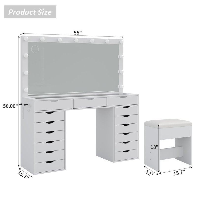 Yanosaku Vanity Desk with Mirror and Lights, Makeup Table with Charging Station, 3 Color Lighting Modes, 15 Drawers Dressing Table, Vanity with Chair for Bedroom, White