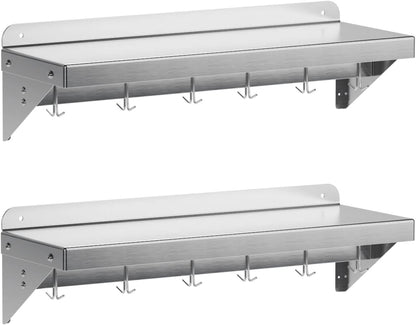 DEXSO 2 Pack Stainless Steel Wall Mount Shelves 12" x 36" NSF Certified with 6 Hooks - Versatile Metal Storage Racks with Backsplash for Organizing Cookware in Home and Kitchen