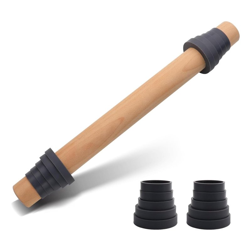 Adjustable 17.5 Inches Wood Rolling Pin with Thickness Rings for Baking -Non Stick Wooden Dough Roller Pin with Spacer Bands for Cookie,Pie Crust, Pastry Fondant By Folksy Super Kitchen(17.5, Grey)