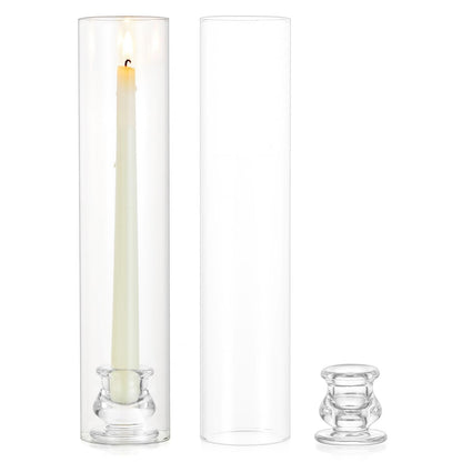 Inweder Glass Hurricane Candle Holder: 12" Tall Candlestick Holder with Cylinder Windproof Cover Clear Taper Candle Holders for Wedding Party Birthday Christmas Home Decor Set of 2