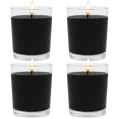 Set of 4 Black Votive Candles for Halloween Pumpkin, Clear Glass Filled Unscented Soy Wax Candle for Dinner, Parties, Home Decorations and DIY