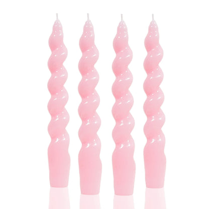 MAITREYA Pink Spiral Taper Candles - Handmade Twisted Conical Candles, Set of 4 for Decoration, Weddings, Parties, Church - Unscented, Dripless, 7.5 inch (Baby Pink)