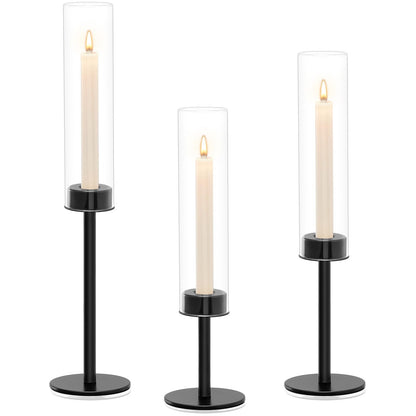 Black Hurricane Glass Candle Holders Set of 3, Tall Metal Taper Candle Stick Holder, Clear Candlestick Holders, Table Centerpieces Decor for Dining Dinner, Weddings, Christmas Fireplace Decorations
