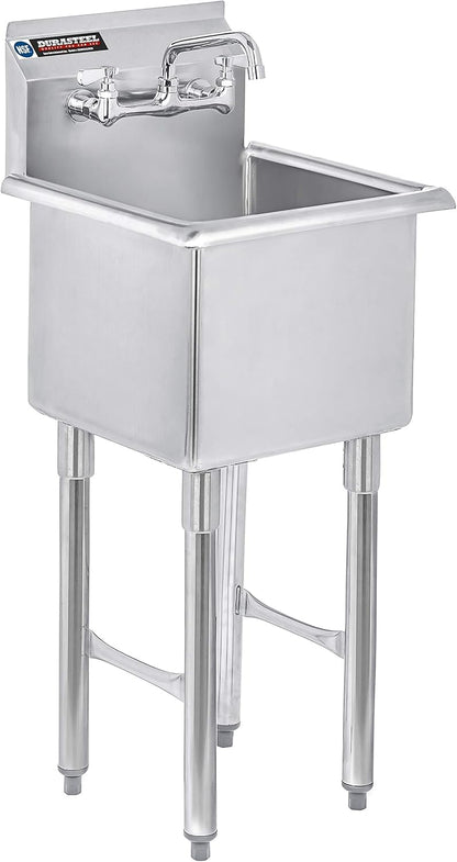 DuraSteel 304 Commercial Stainless Steel Utility Sink - 15 Inch Tub Freestanding Prep Kitchen Sink w/Faucet - NSF Hand Wash Station for Kitchen Sinks, Outdoor, Laundry Room, Garage Small Kitchenette