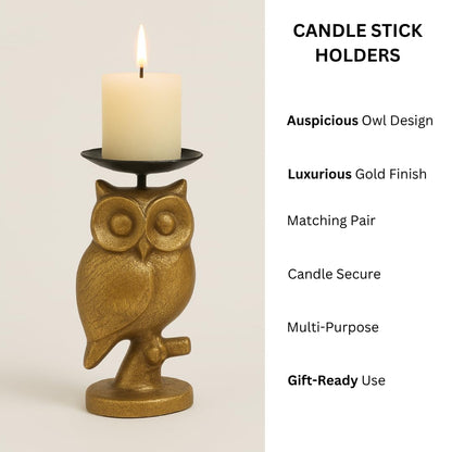 Gold Owl Candle Holder Set of 3 – Decorative Taper & Small Pillar Candlestick Holders for Table Centerpieces, Shelf & Living Room Décor